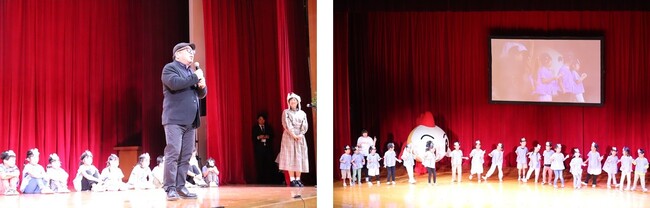 きんちゃんのうた制作者であり、弥富市広報大使のやとみまたはち氏による曲説明（左）、弥富市立南部保育所「ひまわり組」による踊り披露（右）